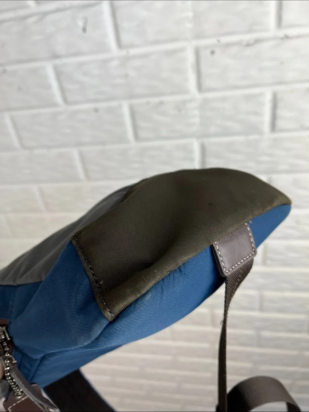 COACH Varick sling bag in navy blue / gray nylon with brown leather trim